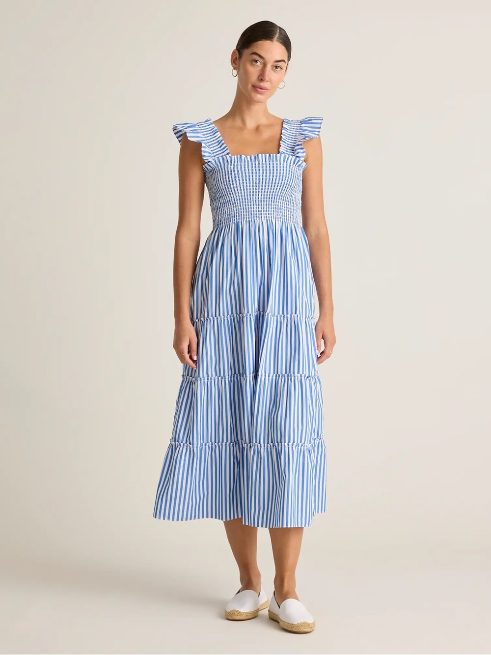 Quince 100% Organic Cotton Poplin Smocked Midi Dress in Azure Stripe Size S